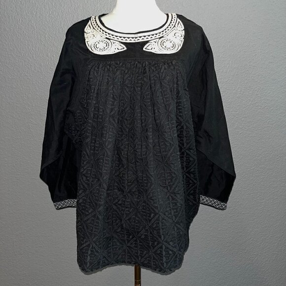 PRINGLE 1815 SCOTLAND 100% Cotton Black & Cream Embroidered Babydoll top EUC 10 - Picture 1 of 9